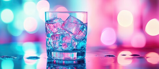 Poster - Glass of ice cubes on a reflective surface with colorful bokeh background and ample copy space for text.