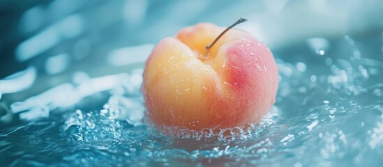 Poster - Fresh peach splashing into water with droplets on surface and ripples in blue background with Copy Space
