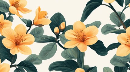 Poster - Yellow flowers and green leaves pattern on light background with Copy Space for design use