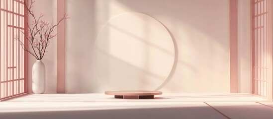 Poster - Minimalist interior with wooden platform and vase against light wall with circular backdrop and soft shadows Copy Space