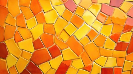 Poster - Colorful mosaic tiles in shades of orange and yellow with a textured surface and Copy Space for design elements.