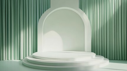 Poster - Minimalist interior studio with green curtains and a circular arch on a tiered platform, designed for various presentation purposes, Copy Space.