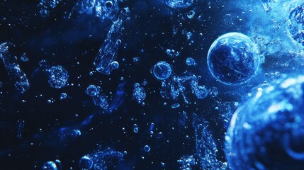Poster - Blue bubbles and water molecules in dark space with light reflections Copy Space