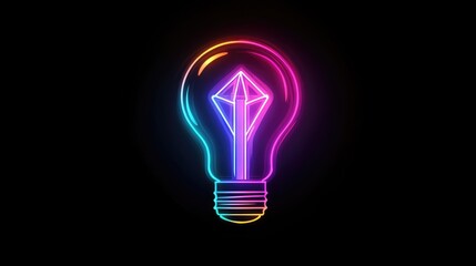 Fototapete - Neon light bulb illustration with geometric design in vibrant colors on black background with Copy Space for text placement