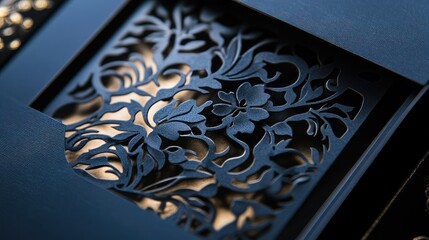 Fototapete - Decorative black floral pattern on textured background with intricate cutout design Copy Space