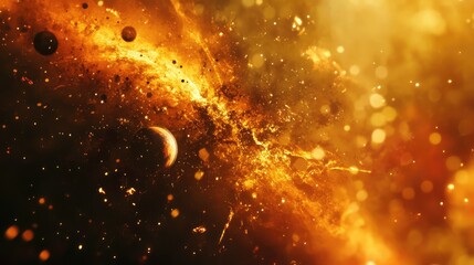 Aufkleber - Golden Cosmic Background with Planets and Stars, Abstract Astronomical Scene, High Contrast Colors, Copy Space Available