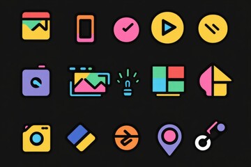 Leinwandbilder - Colorful collection of modern icons showcasing various digital tools on a dark background. Generative AI