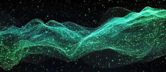 Poster - abstract green wave pattern with luminous particles on a dark background suitable for digital artwor