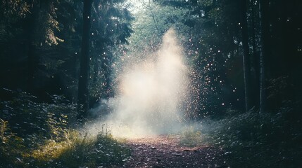 Poster - Misty forest path with ethereal light and floating particles creating a mysterious atmosphere Copy Space