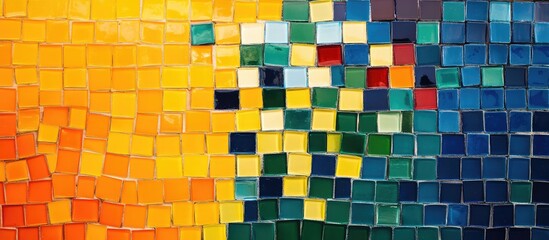 Poster - Colorful mosaic wall with various rectangular tiles in shades of yellow, green, and blue creating a vibrant abstract pattern with Copy Space.