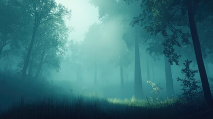 Poster - Misty forest landscape with tall trees and soft light filtering through fog in a tranquil natural setting with copy space