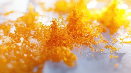 Poster - Bright yellow sugar crystals on a reflective surface with a bokeh background and ample Copy Space for text placement.