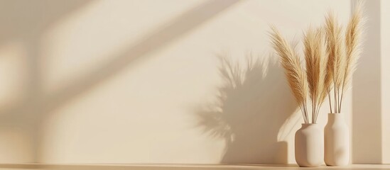 Poster - Decorative vases with dried pampas grass on wooden table against beige wall with soft shadows and copy space for text.