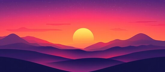 Poster - colorful sunset over rolling hills with layered silhouettes, vibrant gradient sky, and ample copy sp