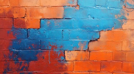 Poster - Colorful abstract brick wall with blue and orange paint, textured surface, suitable for backgrounds and design use, Copy Space available.