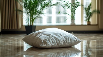 Poster - White pillow on polished floor with indoor plants in background and natural light filtering through window, Copy Space available.