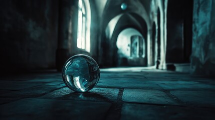 Poster - Glass orb on floor of an abandoned building with arched architecture and moody lighting Copy Space
