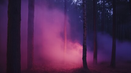 Poster - Mystical forest landscape with colorful mist and towering trees during twilight reflections in natural setting Copy Space
