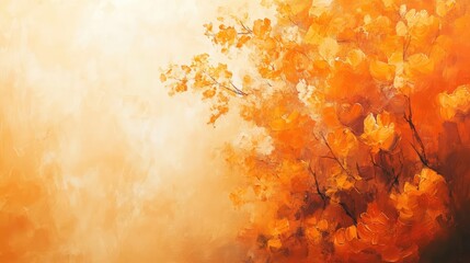 Poster - Autumn foliage with vibrant orange leaves against a soft golden background featuring copy space for text insertion