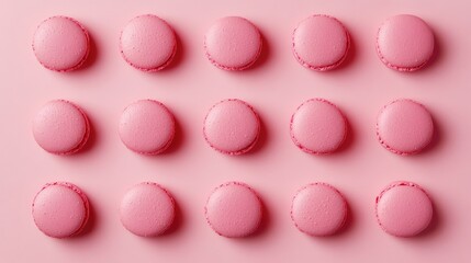 Poster - Pink macarons arranged in a grid pattern on a light pink background with ample copy space for text placement.