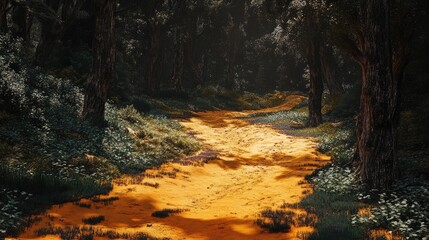 Poster - Forest pathway with golden soil and dappled sunlight through trees Copy Space