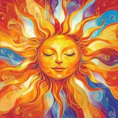 Poster - colorful abstract illustration of a radiant sun with a serene face and flowing rays on a vibrant bac
