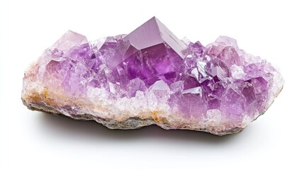 Poster - Amethyst crystal cluster with clear pointed formations on a white background with copy space for text