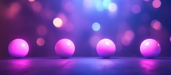 Poster - Colorful glowing spheres on a wooden surface with a blurred bokeh background displaying purple and blue lights Copy Space