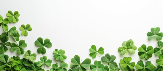 Poster - Green clover leaves arranged on a white background with ample copy space for text insertion