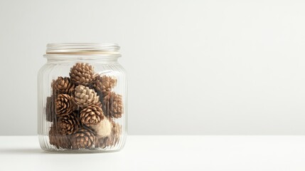 Poster - Glass jar filled with natural pine cones on a white background with copy space for text