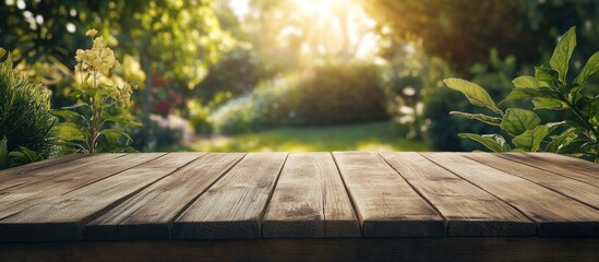 Poster - Wooden Table Surface with Natural Green Background and Sunlight Copy Space
