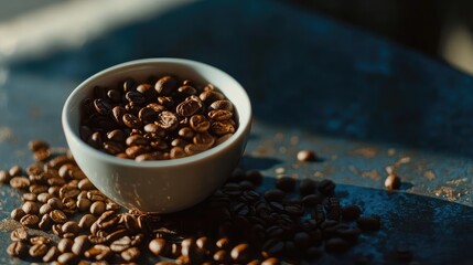 Poster - Coffee beans in a white bowl with scattered beans on a textured surface illuminated by natural light Copy Space