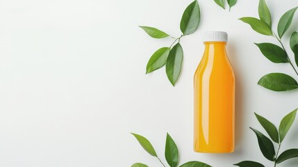 Poster - Glass bottle filled with orange juice surrounded by green leaves on white background with copy space for text.