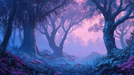 Poster - Fantasy forest landscape with vibrant foliage and mist at twilight, rich purple and blue hues, ideal for background use, Copy Space available.