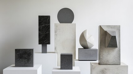 Poster - Geometric sculptures in various shapes and textures displayed on white pedestals against a plain background Copy Space