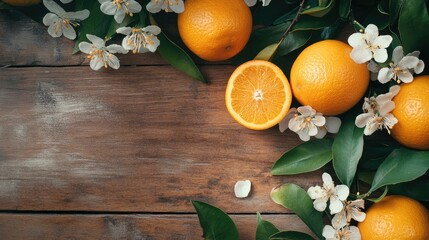 Poster - Oranges with sliced fruit and white flowers on wooden background with Copy Space for text placement