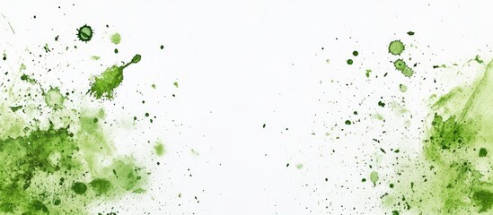 Poster - Green watercolor splashes with texture and drops on white background featuring ample copy space for text.