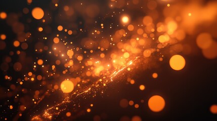 Poster - Abstract background with orange glowing particles and bokeh effect on dark backdrop suitable for design projects Copy Space