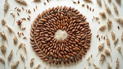 Poster - Natural arrangement of seeds and grains in a circular pattern on a light background with dried grass accents and ample copy space