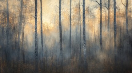 Poster - Foggy forest landscape with tall trees and soft golden light, atmospheric scenery with natural depth and Copy Space for text.