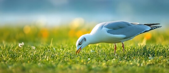 Poster - seagull foraging on green grass with flowers in soft natural light copy space