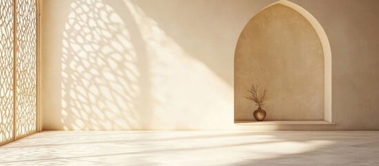 Poster - Minimalist interior with arched wall and decorative light shadows, neutral color palette with copy space available.