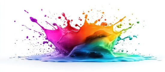 Poster - Colorful paint splash with vibrant hues against a white background featuring ample Copy Space for text insertion