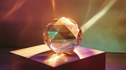 Poster - Crystal sphere placed on a surface with colorful highlights and reflections Copy Space for text insertion