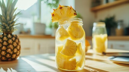 Poster - Mason jar filled with pineapple slices on wooden countertop with pineapple fruit and natural light in kitchen Copy Space