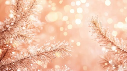 Poster - Pink bokeh background with glittering snow-covered pine branches and ample copy space for text placement