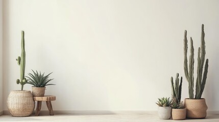 Poster - Indoor plants in natural pots on wooden stool with empty wall and copy space for text in modern minimalist interior decor setting