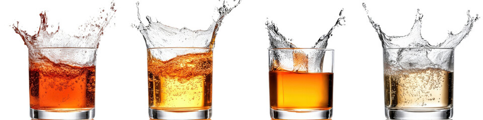 Poster - Three glasses of alcohol with water splashing on a dark background in a dynamic composition isolated on a white background