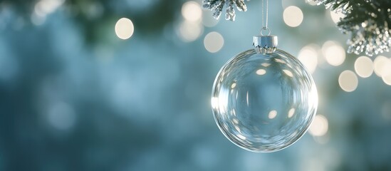 Aufkleber - Transparent glass ornament hanging on a Christmas tree with blurred fairy lights in the background and Copy Space for text