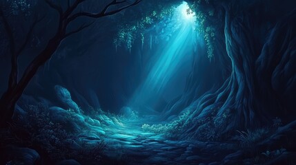 Poster - Dark forest landscape with beams of light illuminating a rocky path, surrounded by trees and foliage, featuring deep shadows and vibrant greens, Copy Space.